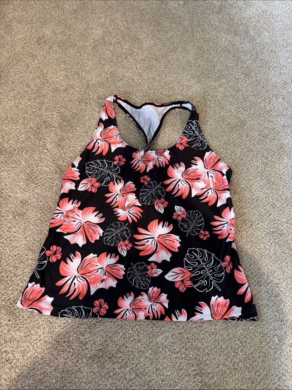 Women's Black Floral Racerback Swim Top - Coral Hibiscus